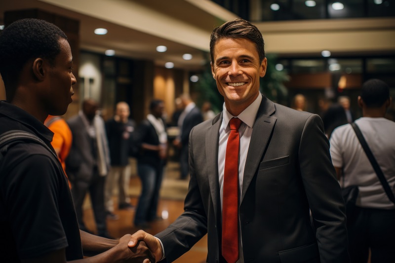 a person in suit shaking hands with another person in the background.