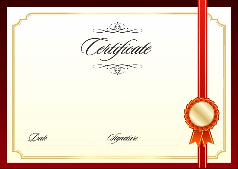 a certificate with a ribbon and a seal. Containing the words: certificate date signature