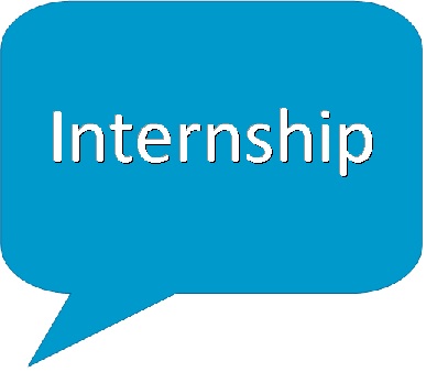 a blue speech bubble with white text with the word: Internship