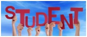 a group of hands holding up red letters with the word: student