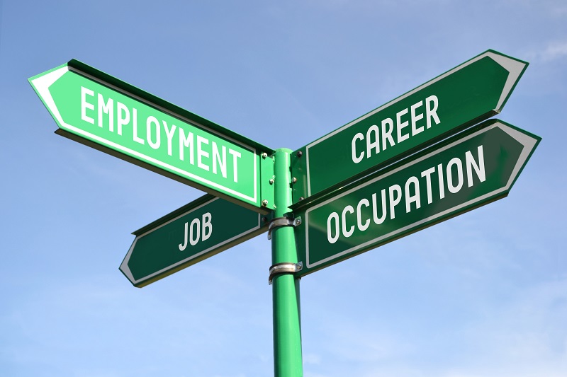 a blue sign with white text. Containing the words: employment