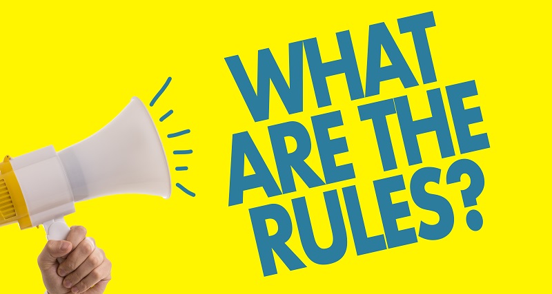 a megaphone with blue text. Containing the words: what are the rules?