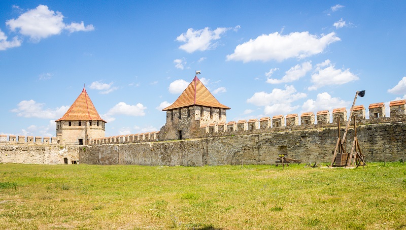 a stone wall with a tower and grass field.